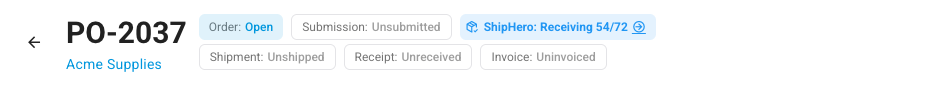 The purchase order header with the ShipHero: Receiving 54/72 chip