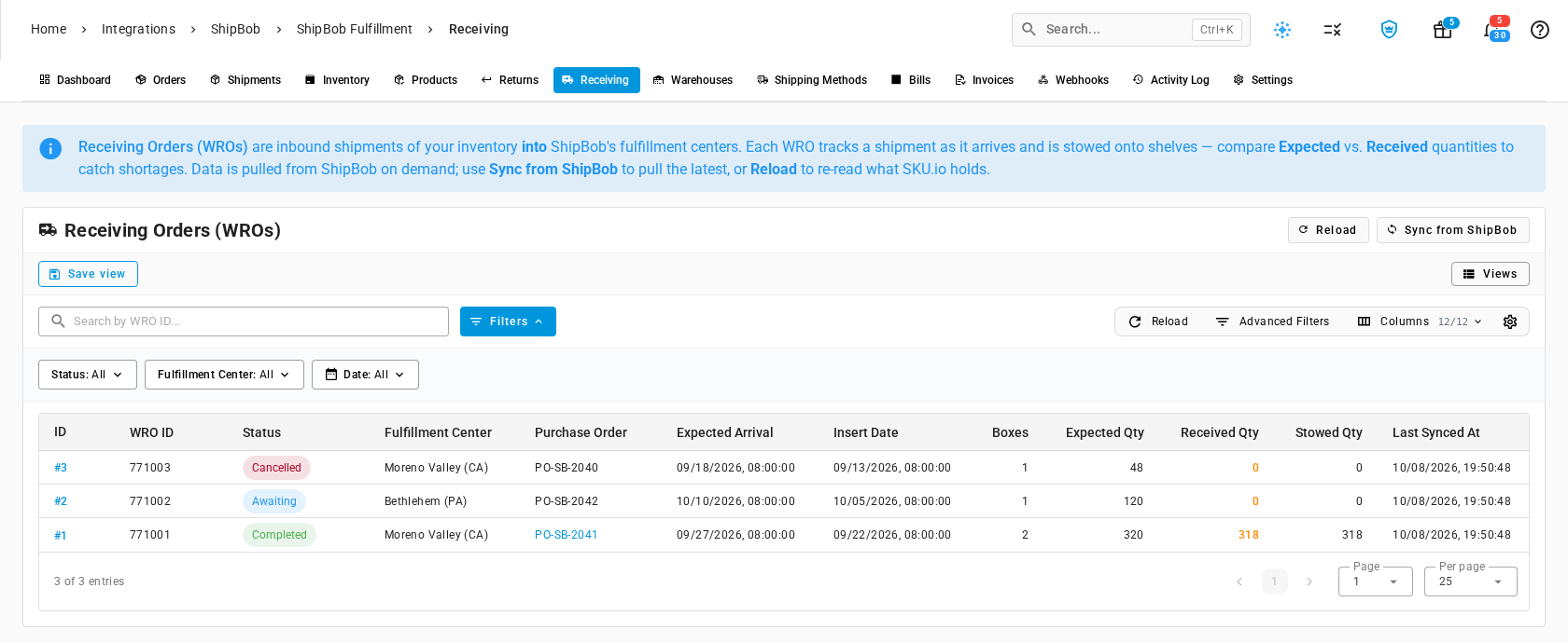 The Receiving tab listing three receiving orders, one completed, one awaiting, and one cancelled, with the completed order linked to purchase order PO-SB-2041