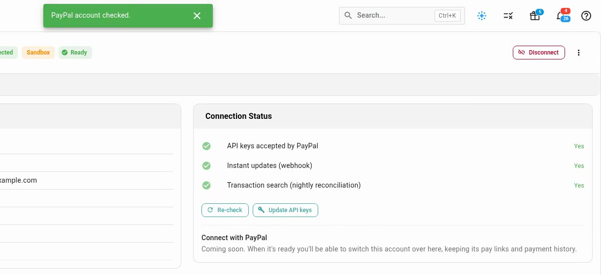 The Connection Status card after Re-check, with the PayPal account checked. message at the top of the page