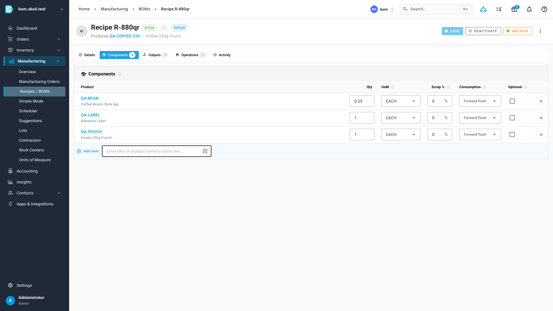 A recipe defining the components that build a finished product