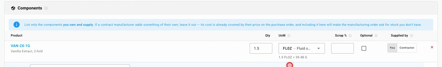 The recipe's component line now reads "1.5 FLOZ = 39.48 G"