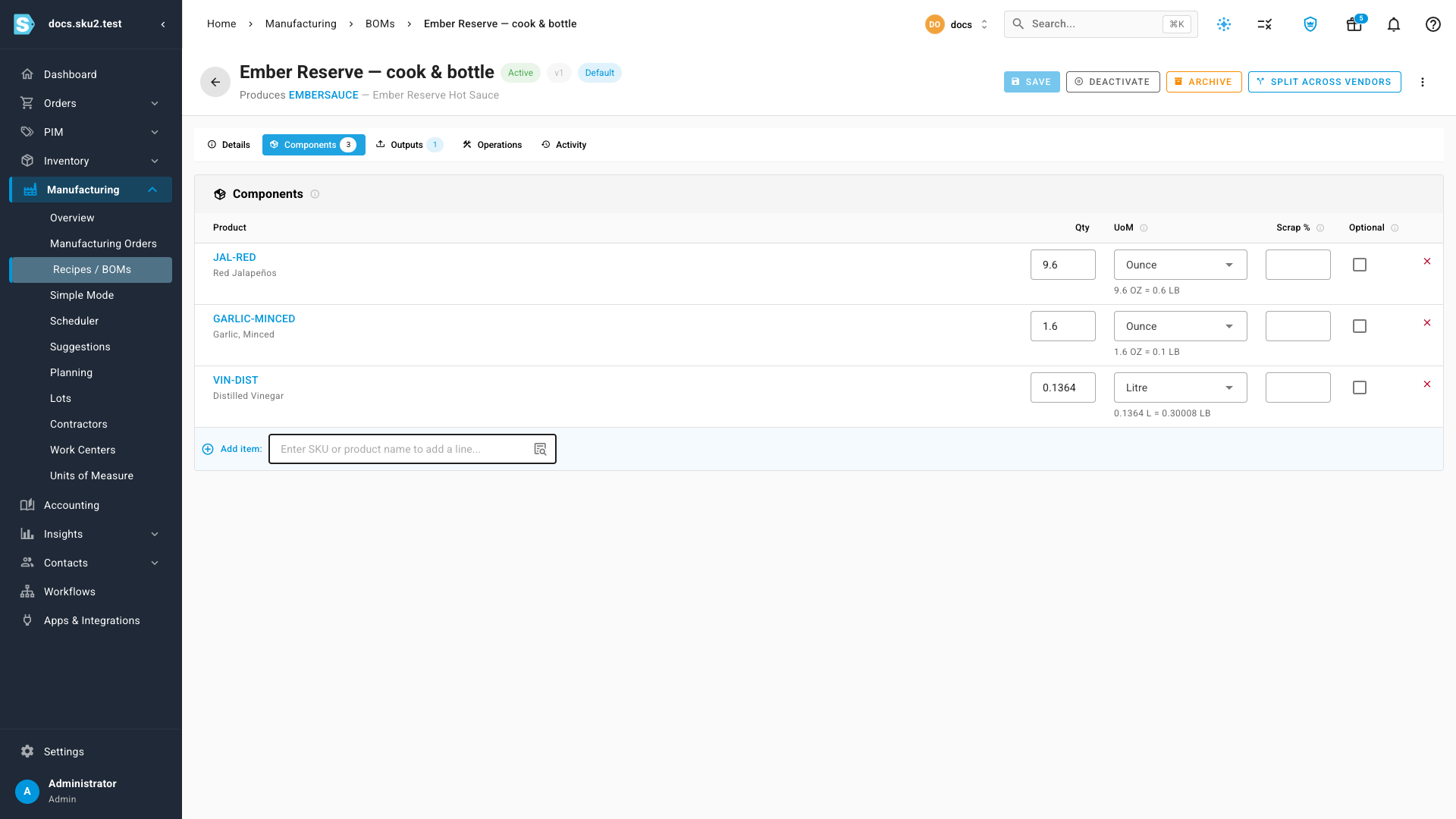 The recipe in its working units, with purchase-unit conversions