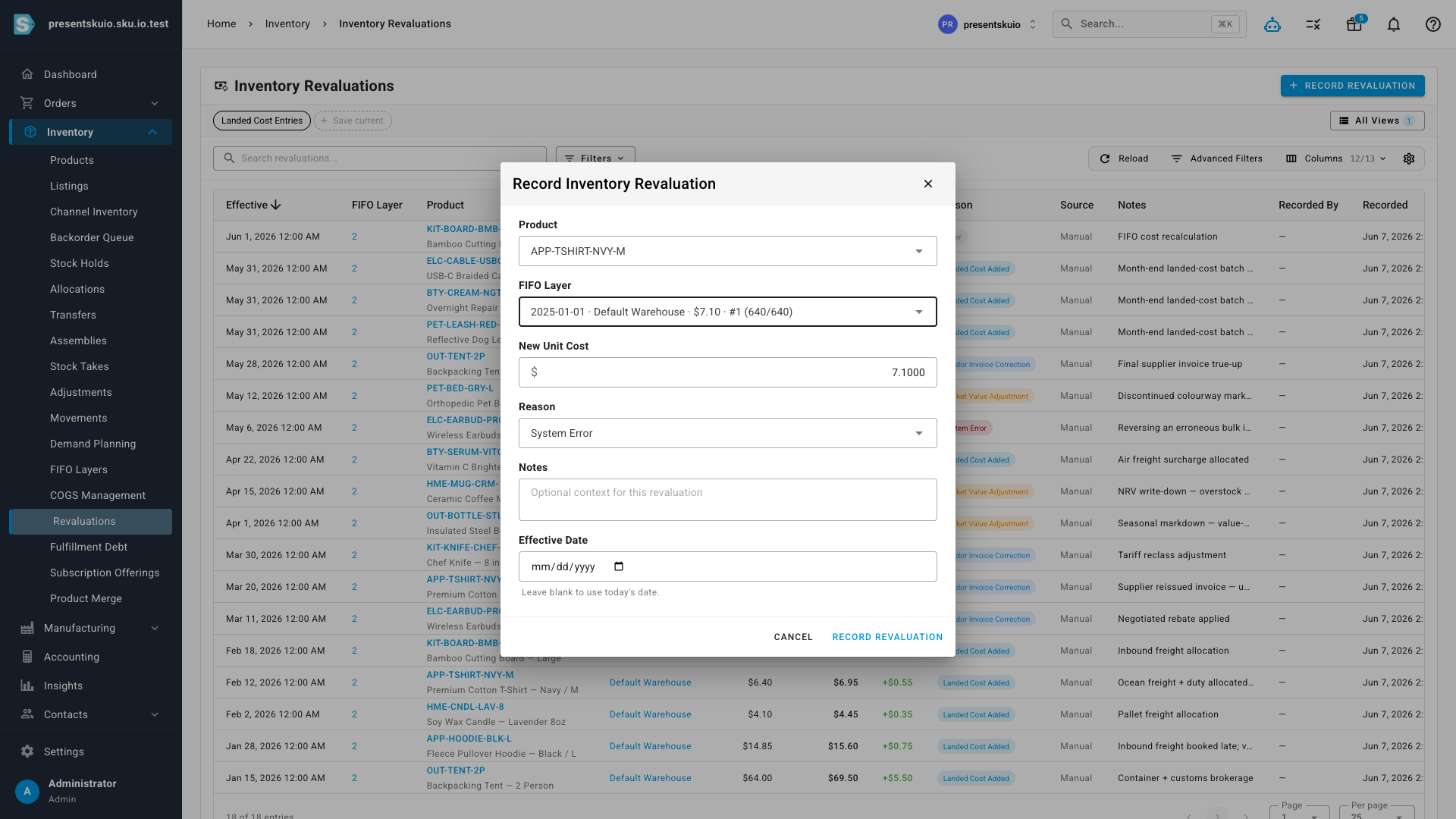 Recording a revaluation: pick the product and inventory layer, enter the new cost and reason, and optionally set an effective date