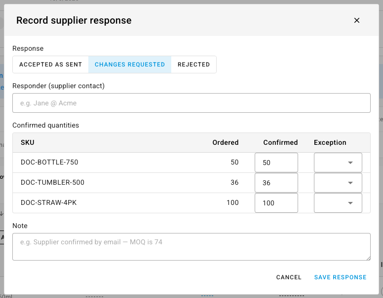 Record supplier response with Changes requested selected and a Confirmed column for each line