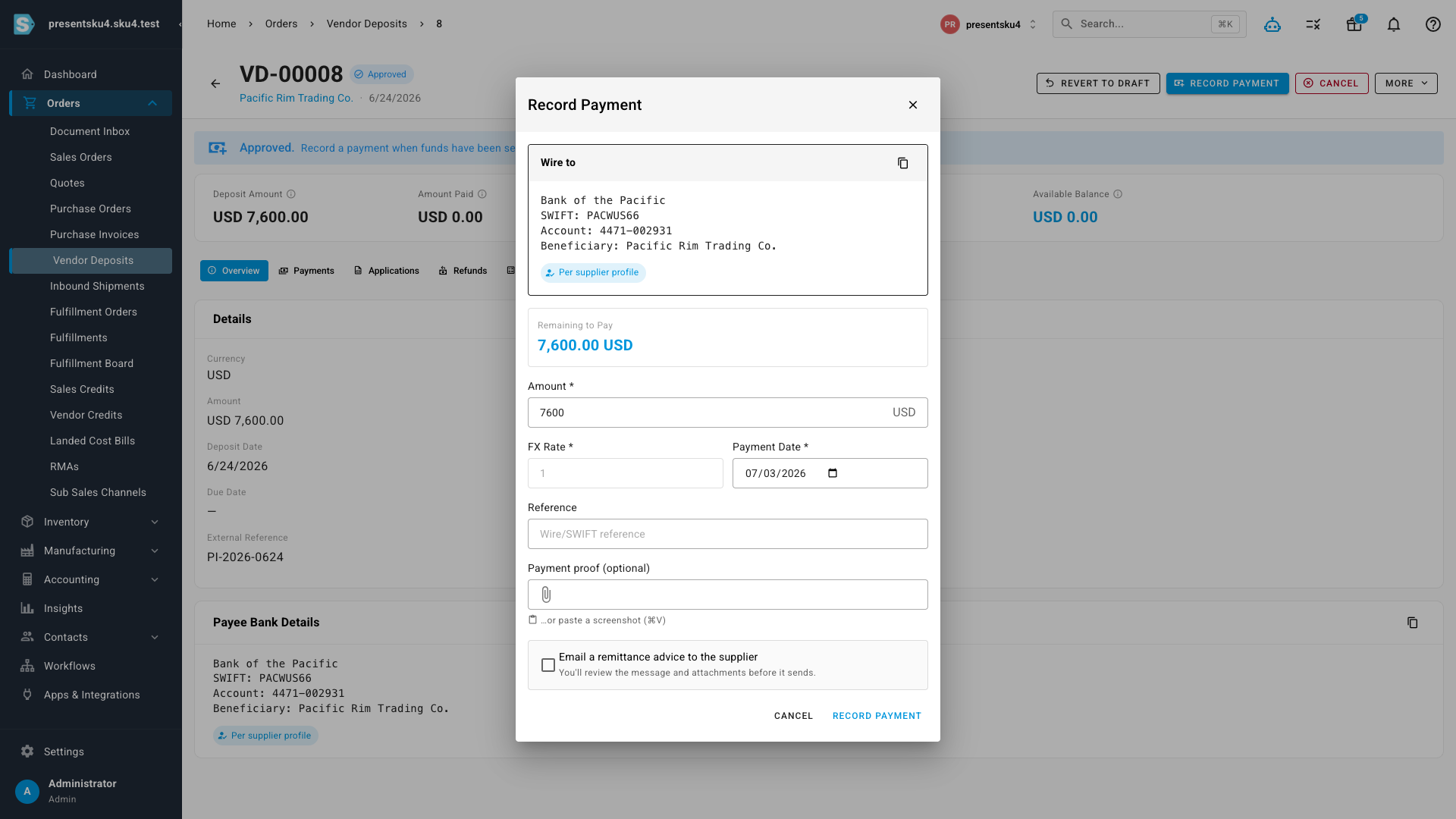 The Record Payment dialog showing the Wire to panel with the payee bank details, amount, payment proof upload, and the option to email a remittance advice