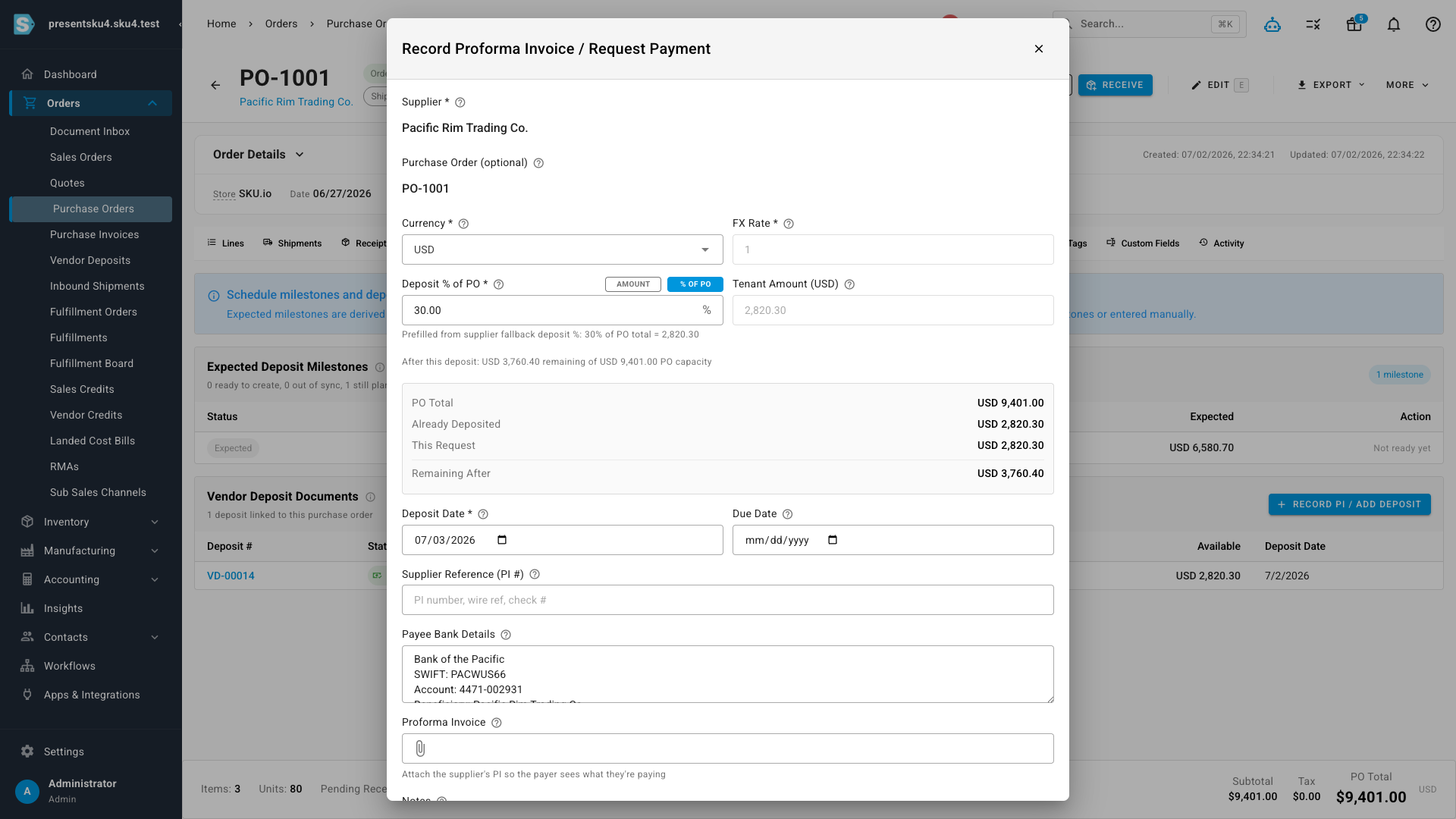 The Record Proforma Invoice / Request Payment drawer showing the amount sanity check, supplier reference, prefilled payee bank details, and proforma invoice attachment