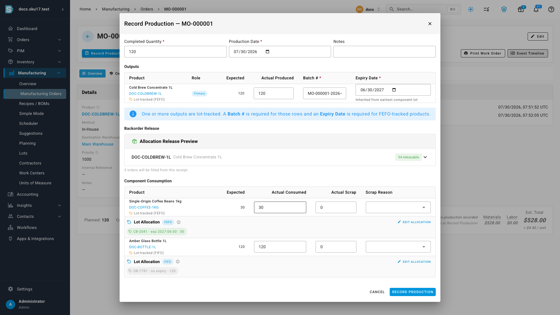 The Record Production dialog for MO-000001 — Outputs with an auto-generated batch number and an inherited expiry date, and Component Consumption showing the FEFO and FIFO lot allocations