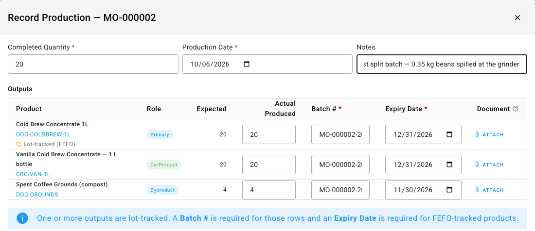 The Outputs section of the Record Production dialog