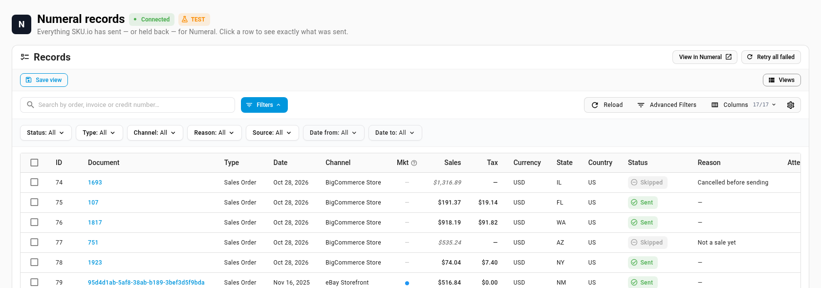 The Numeral records list with each sale's channel, amounts, state and status