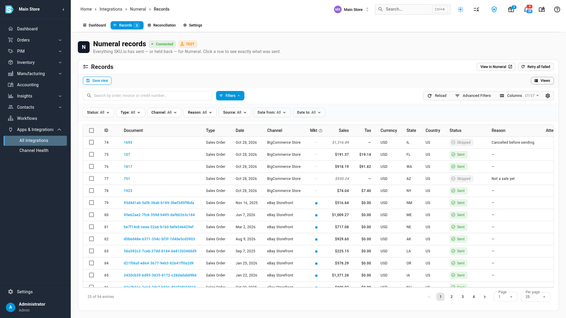 The Records tab with the Status and Reason columns