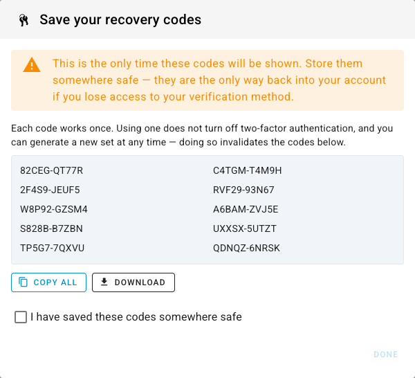 The recovery codes dialog warning that this is the only time the codes will be shown, with ten codes, Copy all and Download buttons, and a checkbox confirming they have been saved