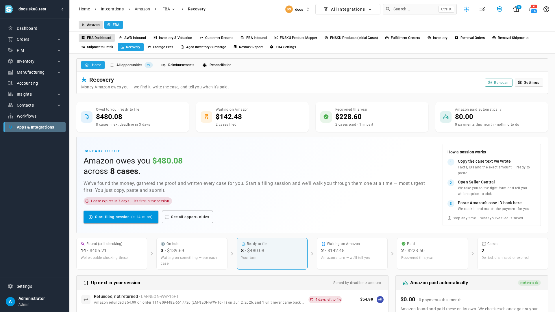The Recovery home page: "Amazon owes you" with the total and case count, money tiles for ready to file, waiting on Amazon, recovered this year and paid automatically, and the stages from Found to Closed