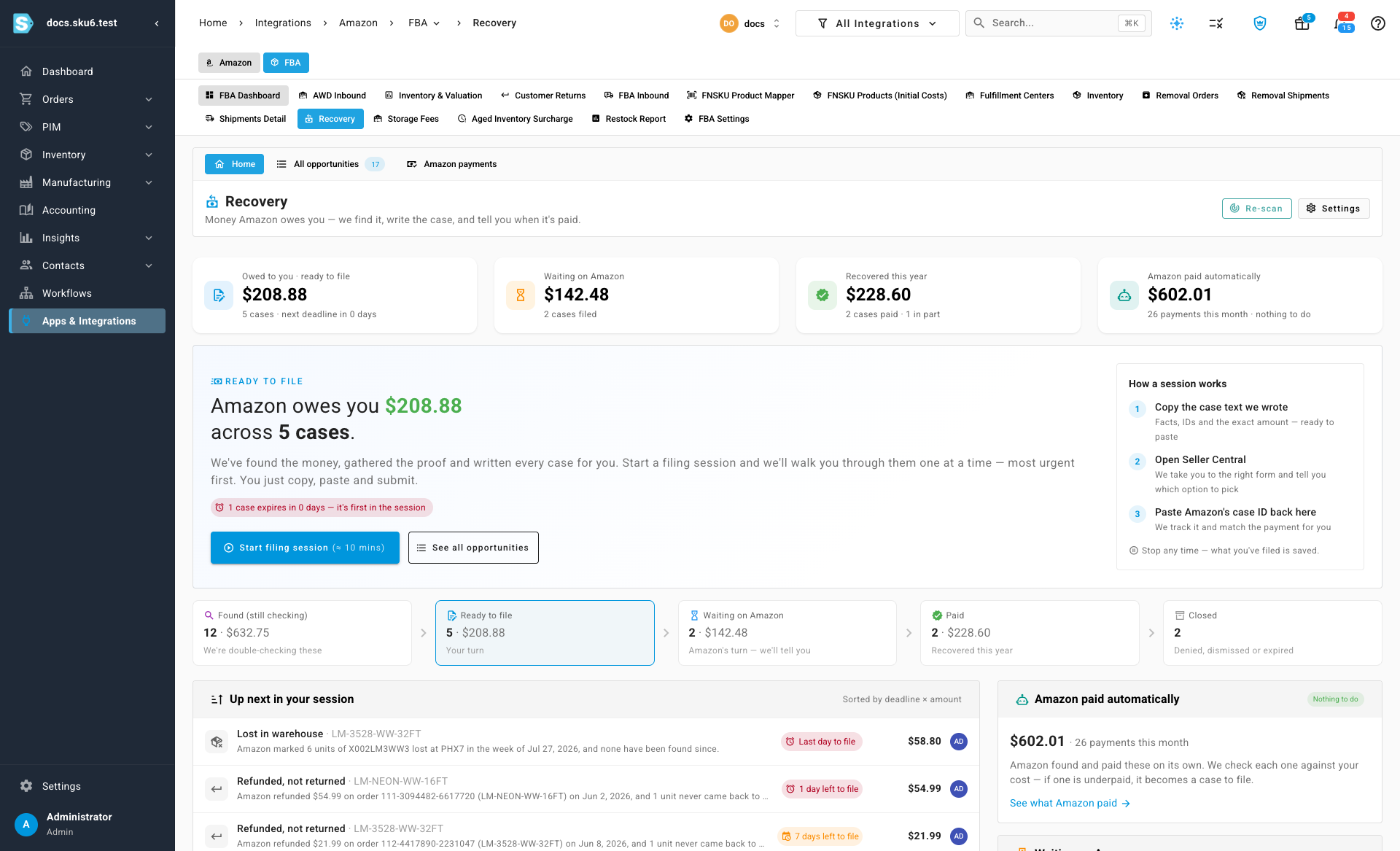 The Recovery home: money tiles, the ready-to-file card, and the lifecycle strip