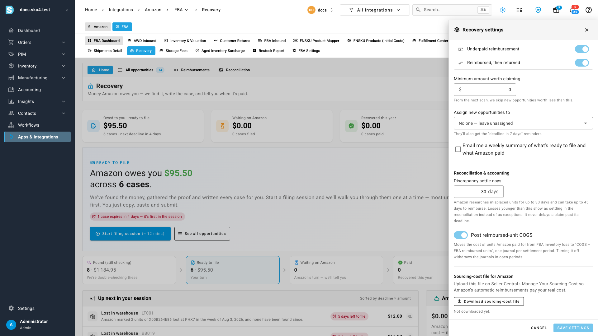 Recovery settings with Post reimbursed-unit COGS turned on