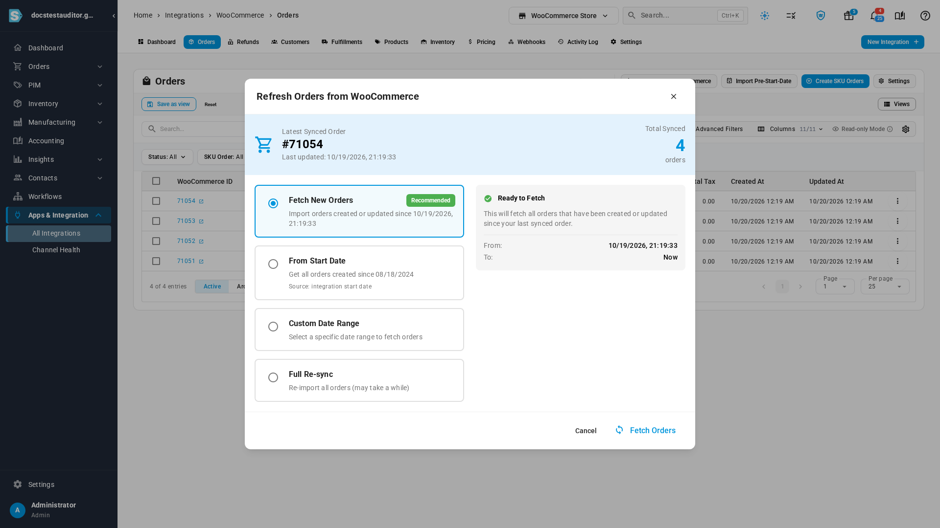 The Refresh Orders from WooCommerce dialog