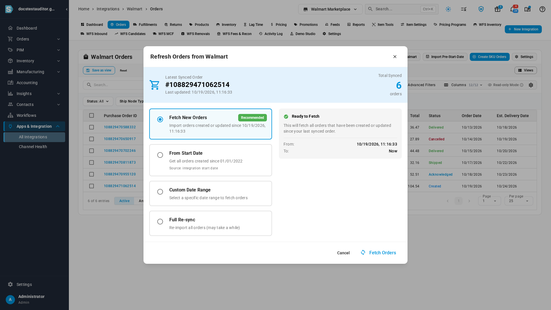 The Refresh Orders from Walmart dialog