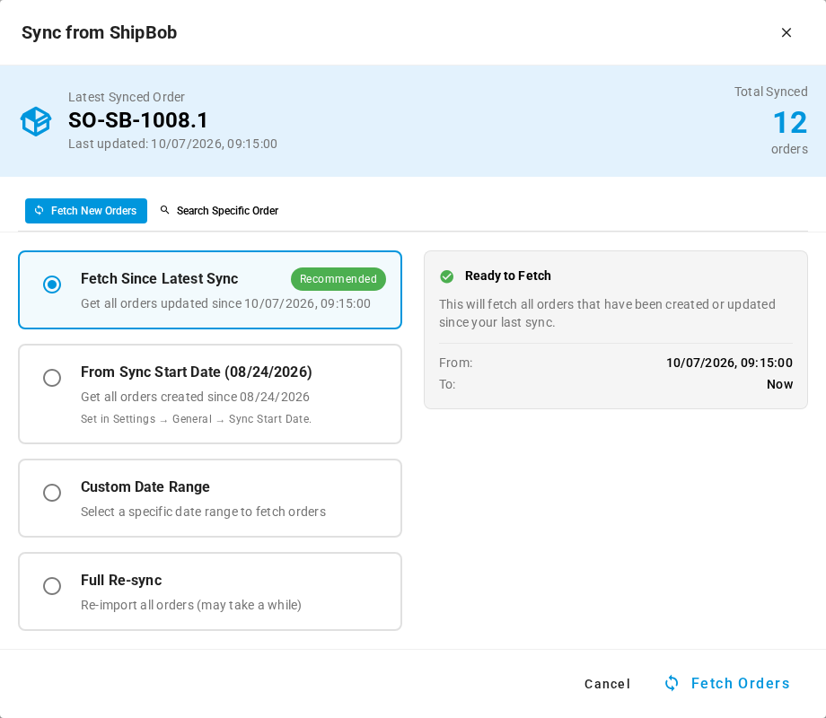 The Sync from ShipBob dialog, with Fetch New Orders selected and its four fetch options
