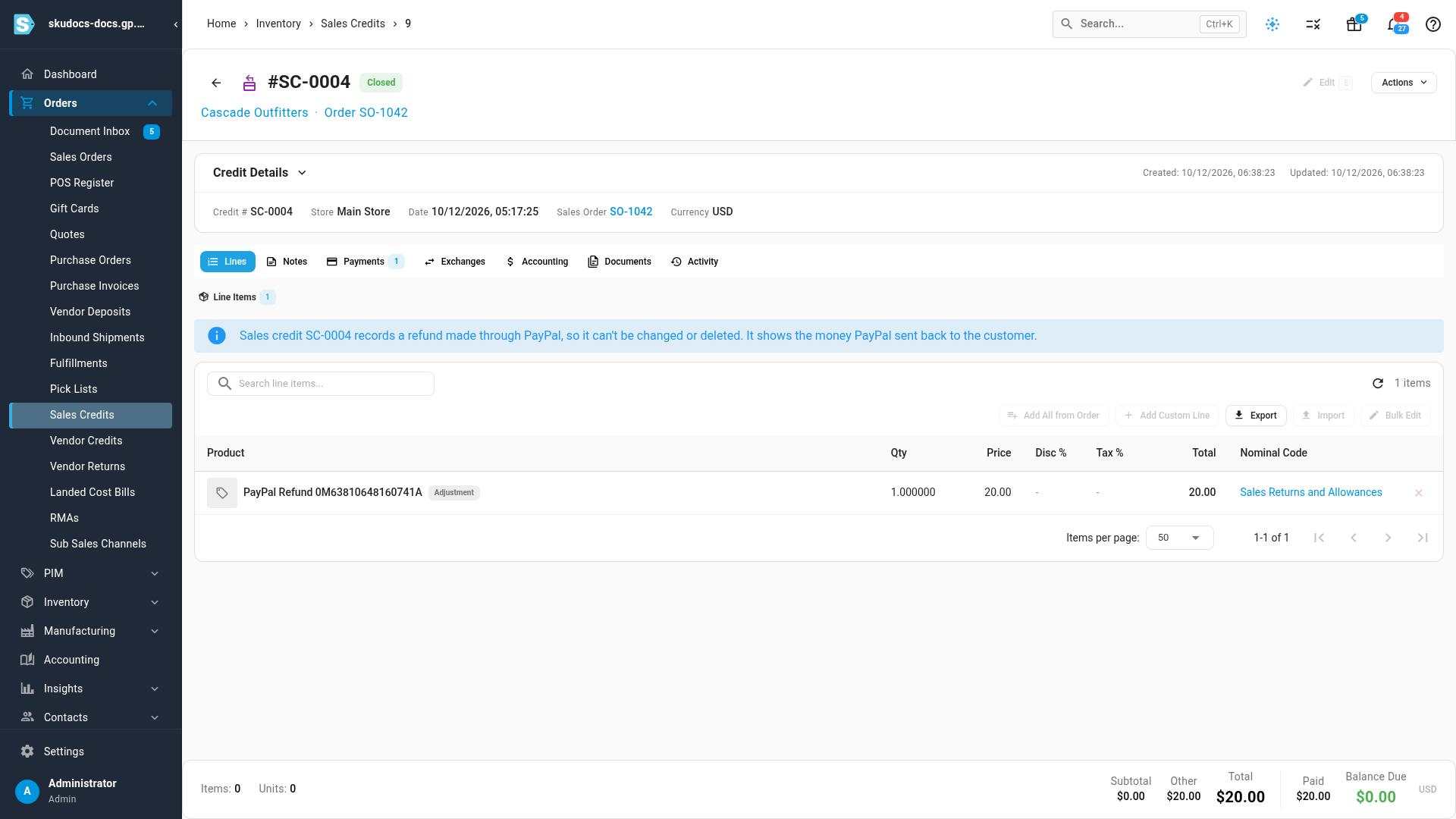 A closed sales credit recording a PayPal refund, with the note explaining it can't be changed or deleted