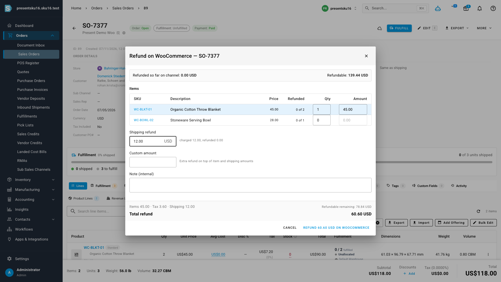 The refund dialog for a WooCommerce order: item picker with quantities and amounts, shipping refund, custom amount, and a live total of 60.60 USD