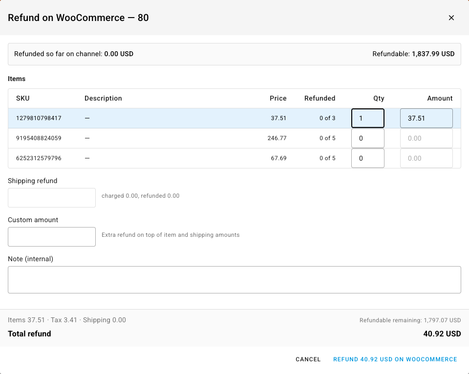 The Refund on WooCommerce dialog with one unit refunded, showing items, tax, and the total