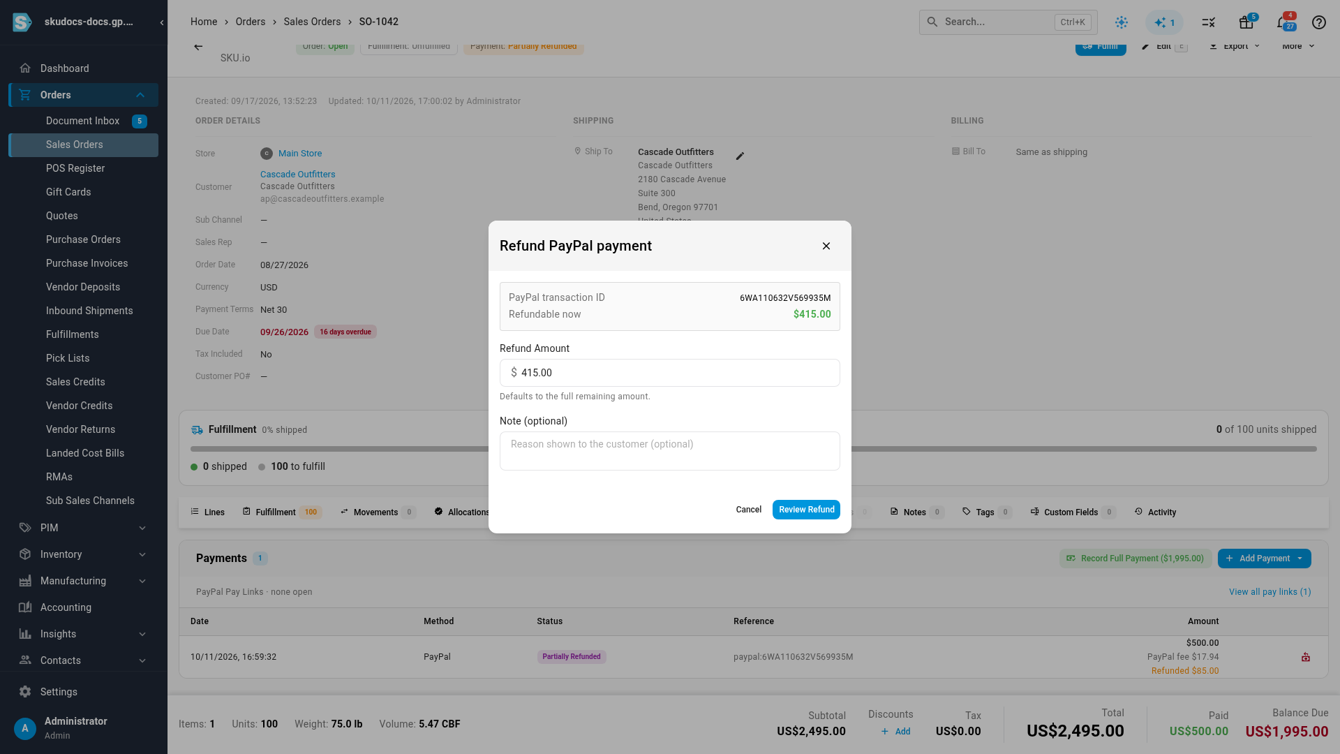 The Refund PayPal payment dialog showing the PayPal transaction ID and Refundable now