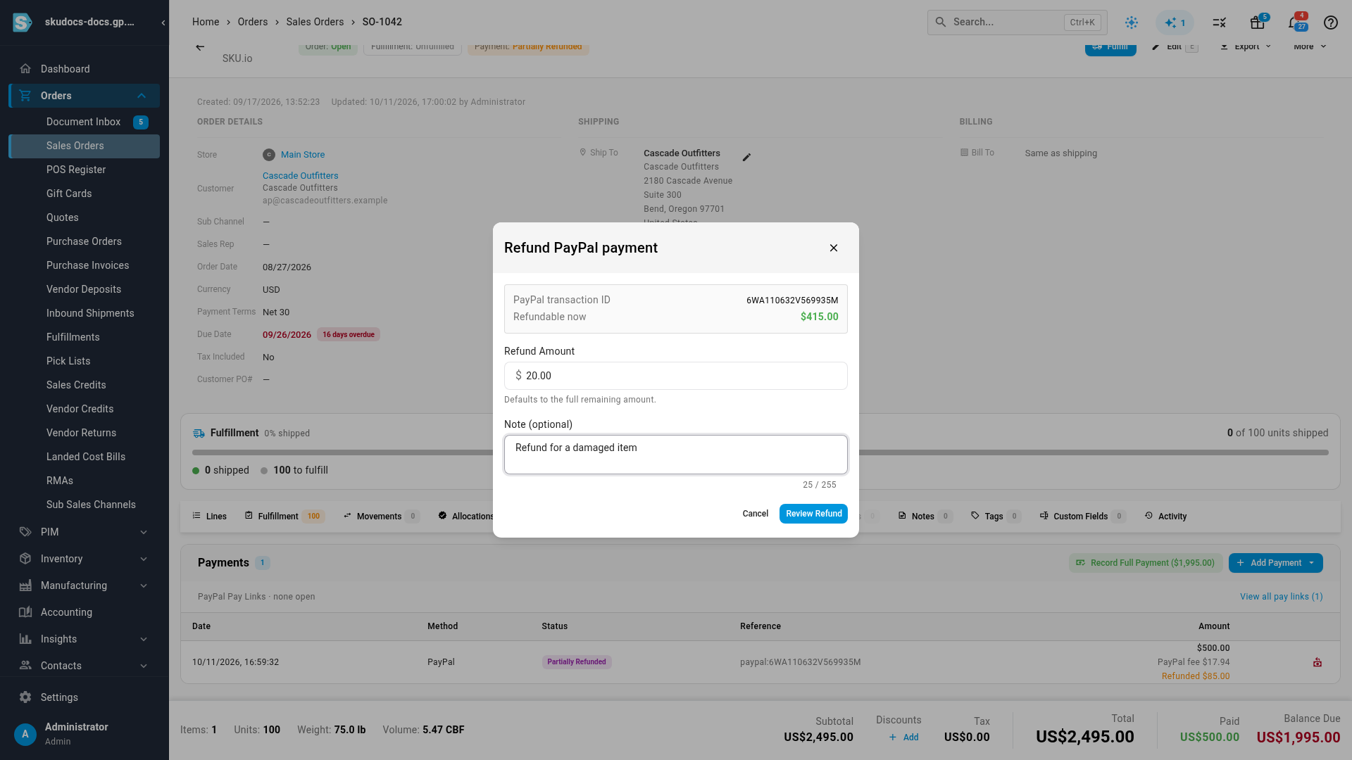 The dialog with a partial refund amount and a note for the customer