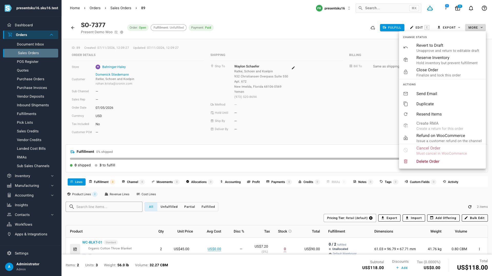 The sales order More menu with the new "Refund on WooCommerce — issue a customer refund on the channel" action