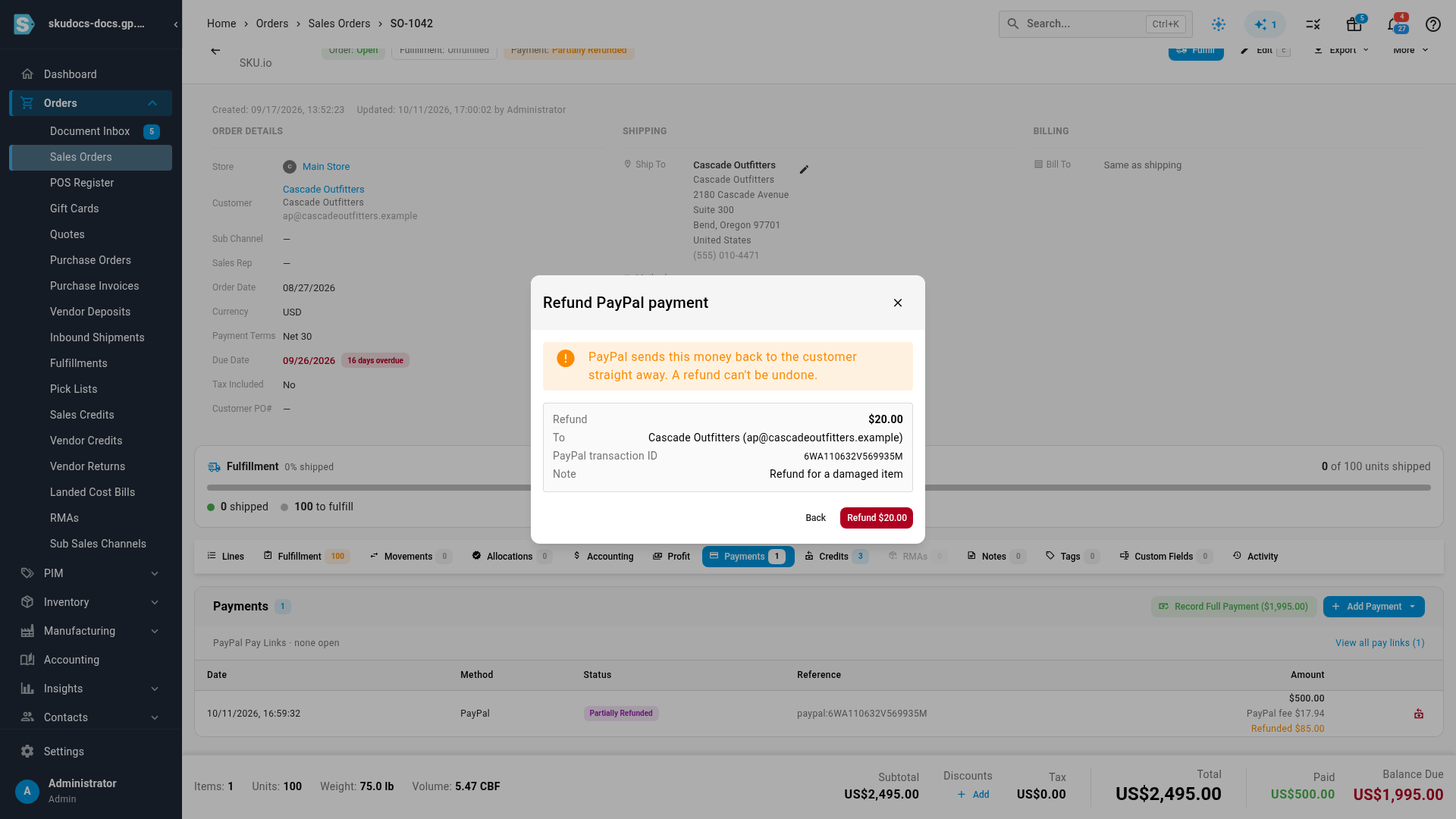 The Review Refund step showing the refund amount, the customer it goes to, the PayPal transaction ID and the note