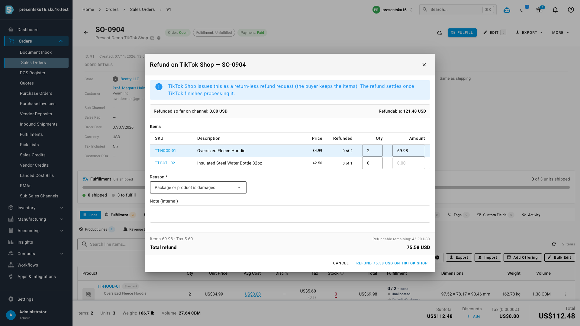 The TikTok Shop refund dialog with its return-less refund notice and required reason code