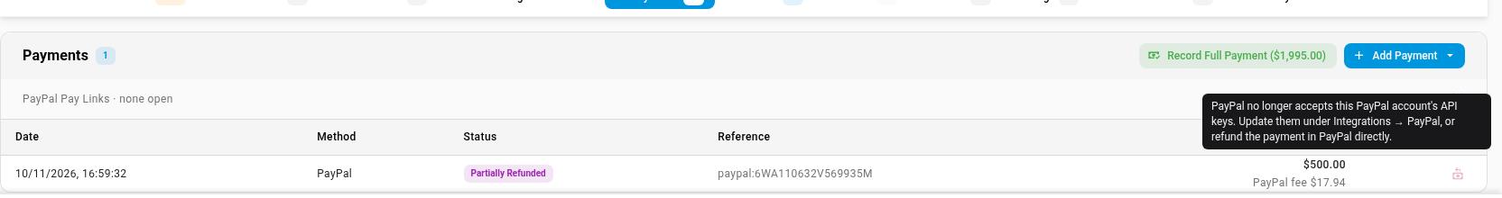 A greyed-out Refund via PayPal icon with a tooltip saying PayPal no longer accepts the account's API keys