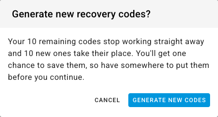 The Generate new recovery codes dialog explaining the remaining codes stop working straight away and new ones take their place