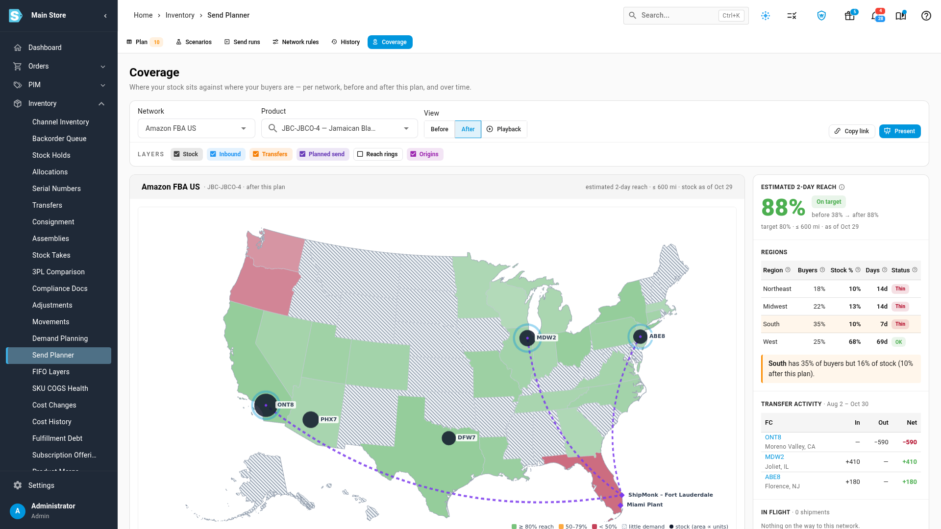 The Regions table with Thin regions and the note naming the region to send more to
