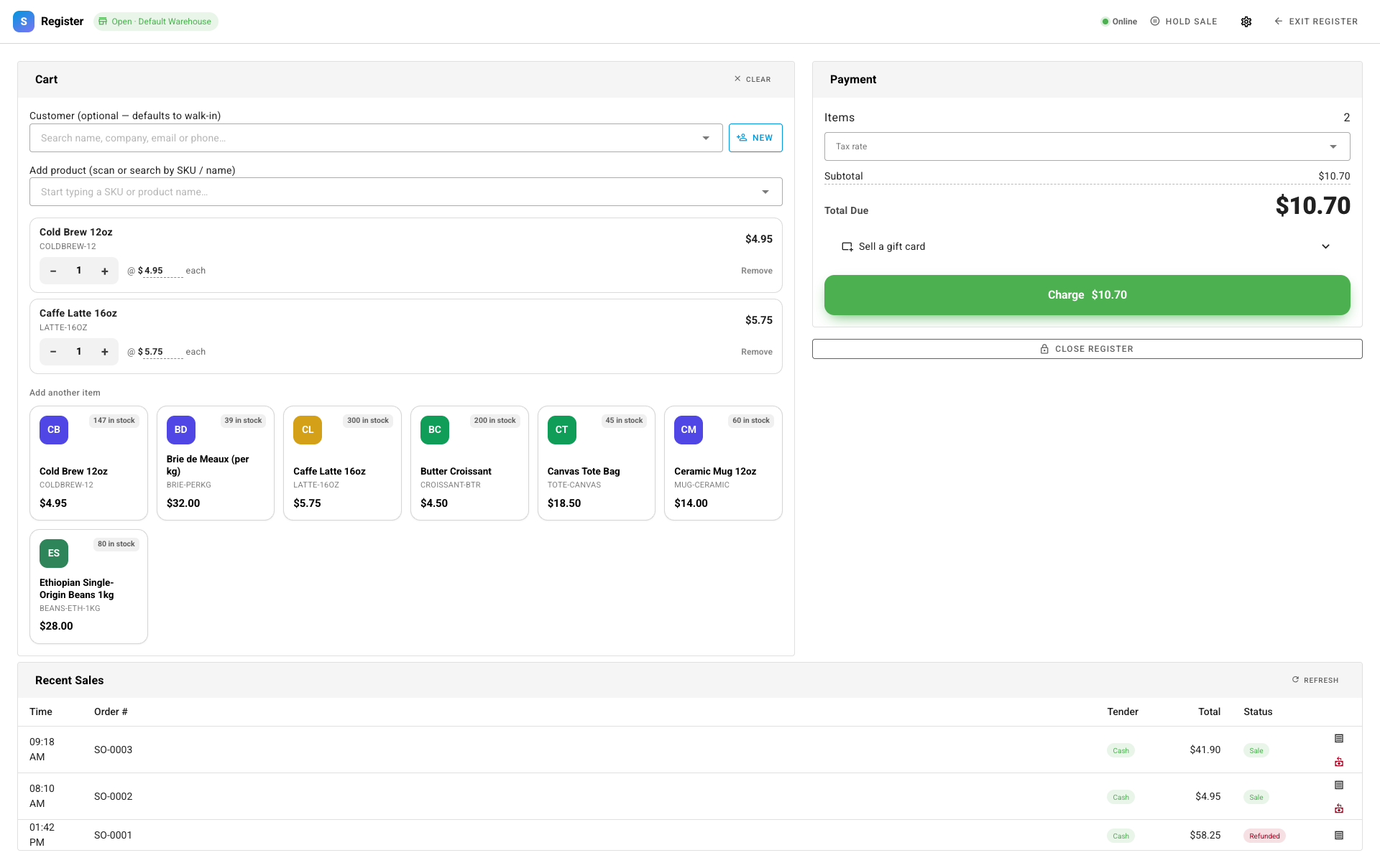 The SKU.io register: a product grid, the live ticket, and a large Total Due ready to charge