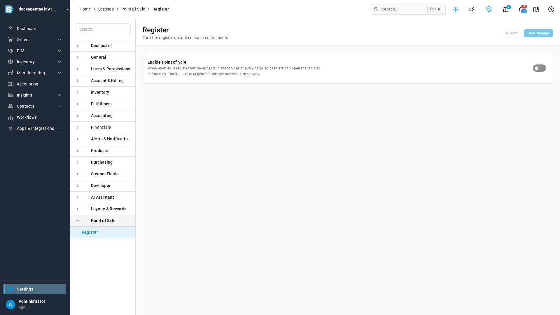 The Register settings page with Enable Point of Sale switched off