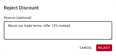 The Reject Discount dialog with a reason typed in
