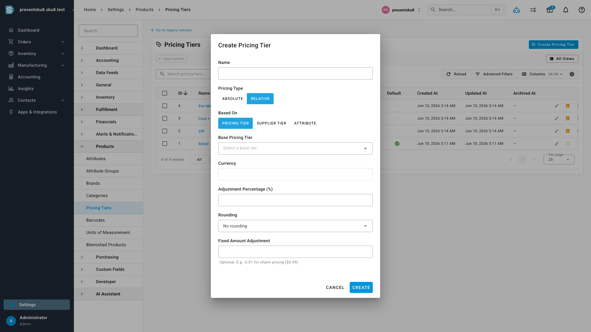 The pricing tier dialog showing the Pricing Type toggle and the three "Based On" options: Pricing Tier, Supplier Tier, and Attribute