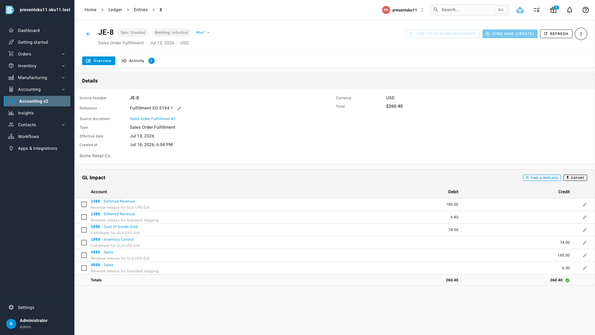 A fulfillment ledger entry recording cost of goods sold and releasing deferred revenue to Sales in one balanced entry