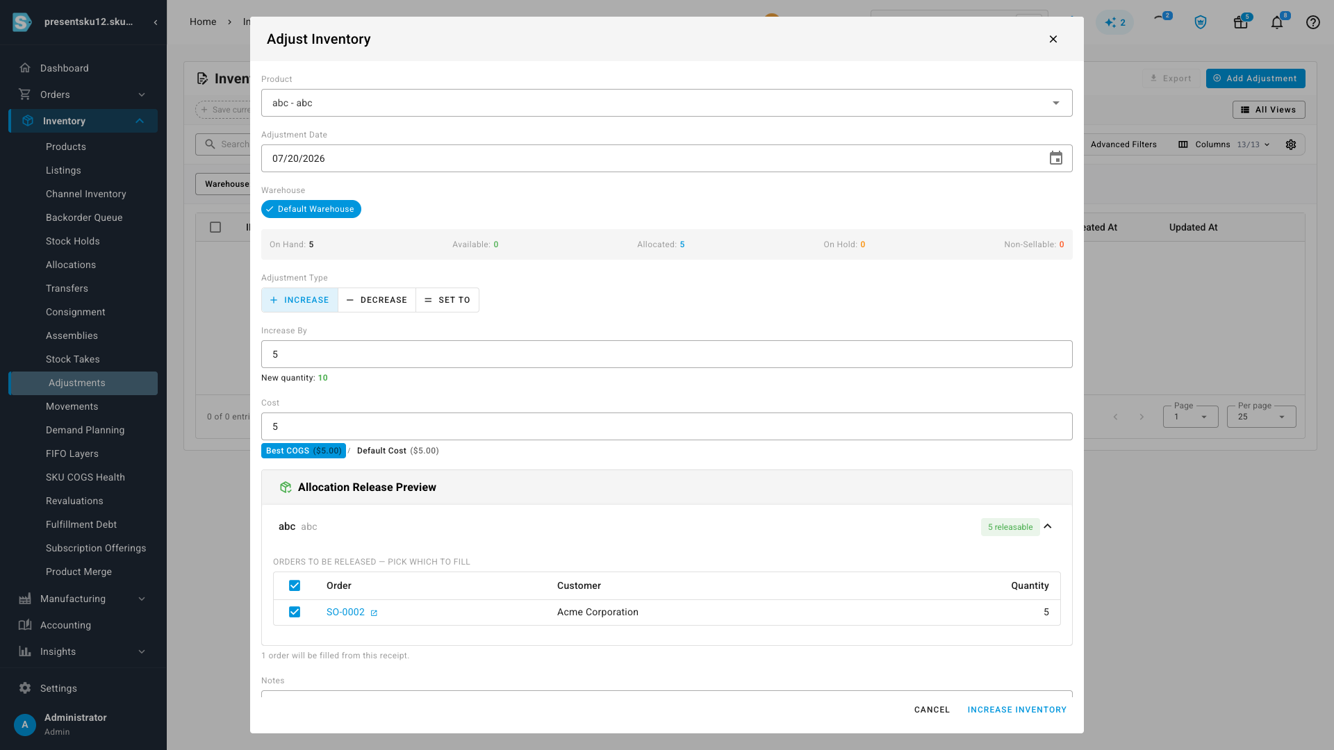 The Adjust Inventory dialog in Increase mode, showing an Allocation Release Preview with a checkbox list of backordered orders you can choose to fill from the incoming stock