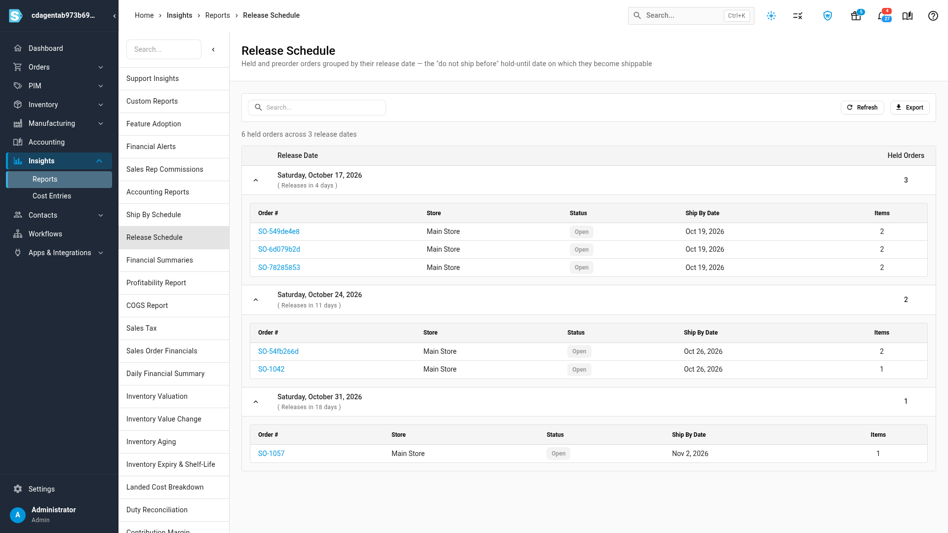 The Release Schedule, with held orders grouped by release date
