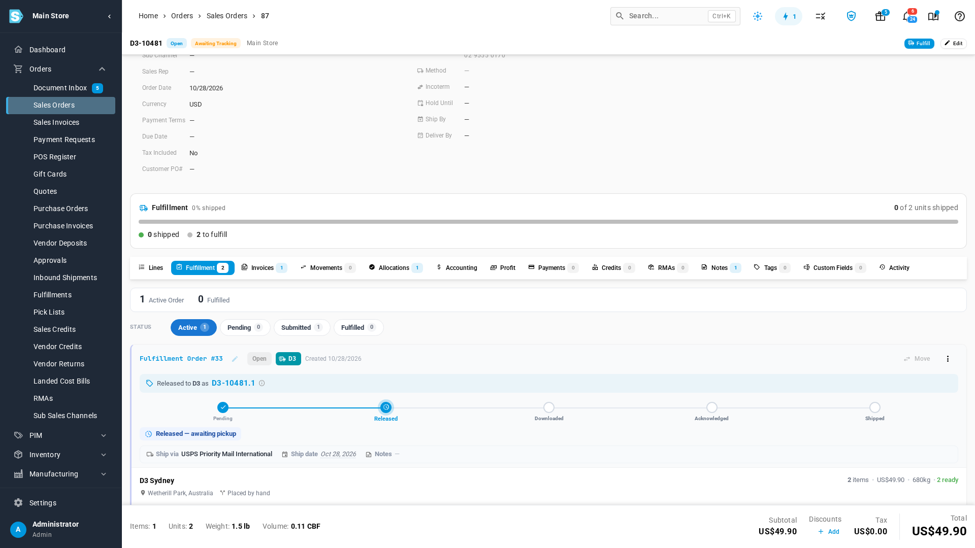 The same fulfillment order after release: Released to D3 as D3-10481.1, Released — awaiting pickup