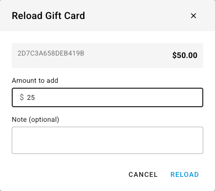 The Reload Gift Card dialog adding $25 to a $50 card