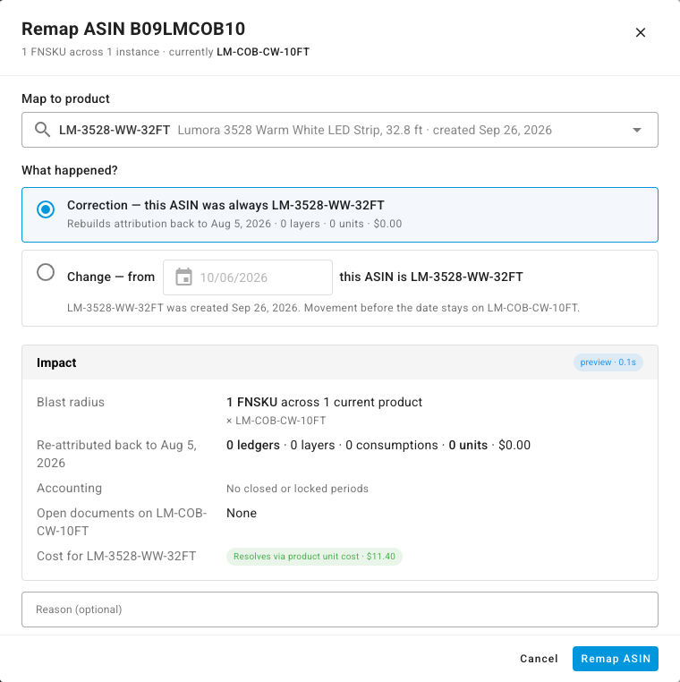 Remapping an ASIN as a correction, with the impact preview