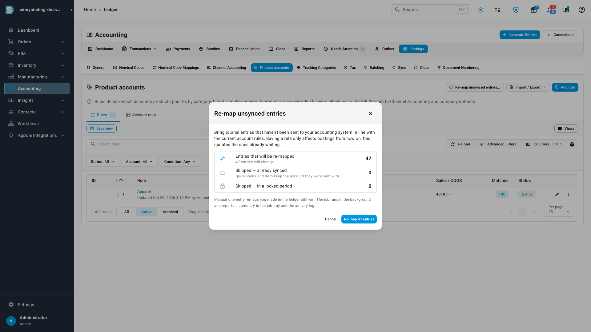 The Re-map unsynced entries dialog