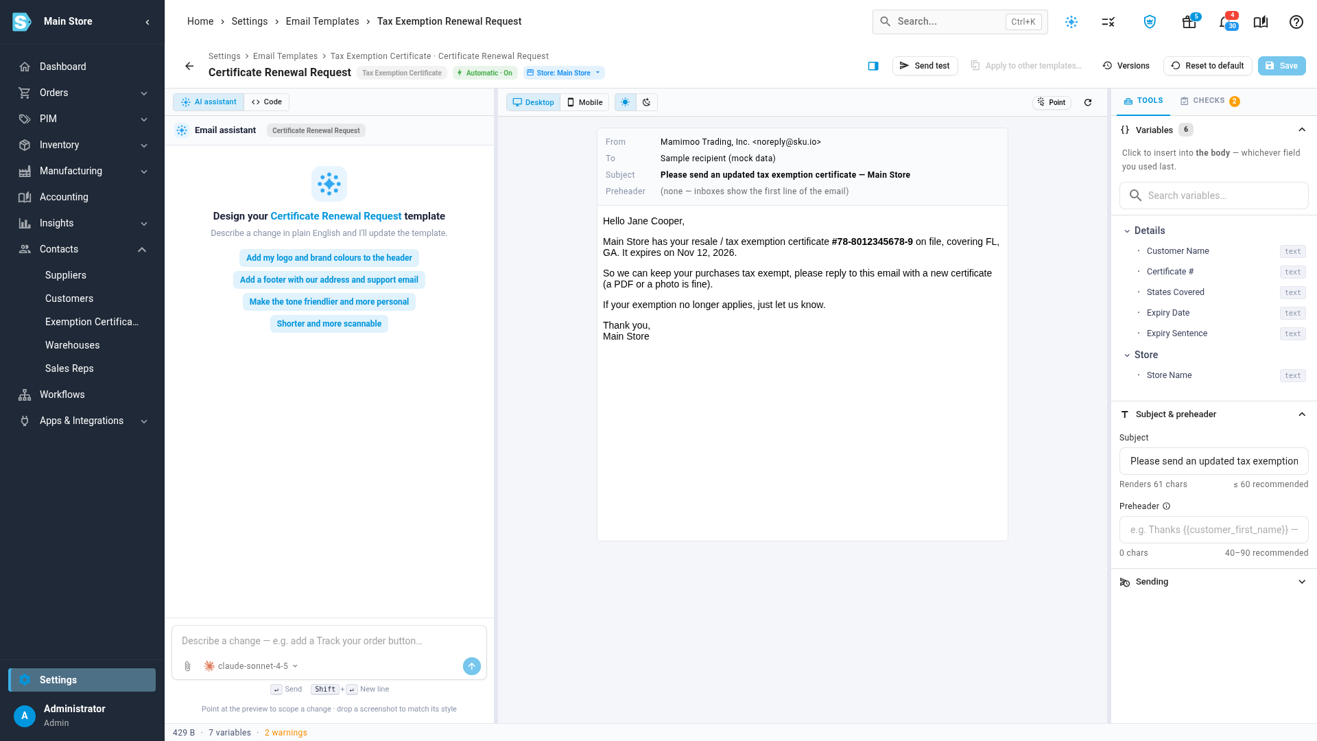 The Certificate Renewal Request email template with its variables