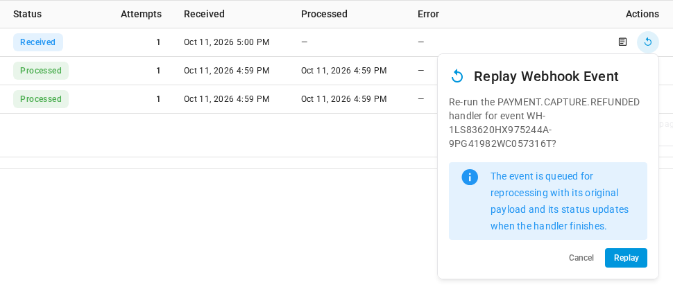 The Replay Webhook Event confirmation beside the refund update, with Cancel and Replay buttons