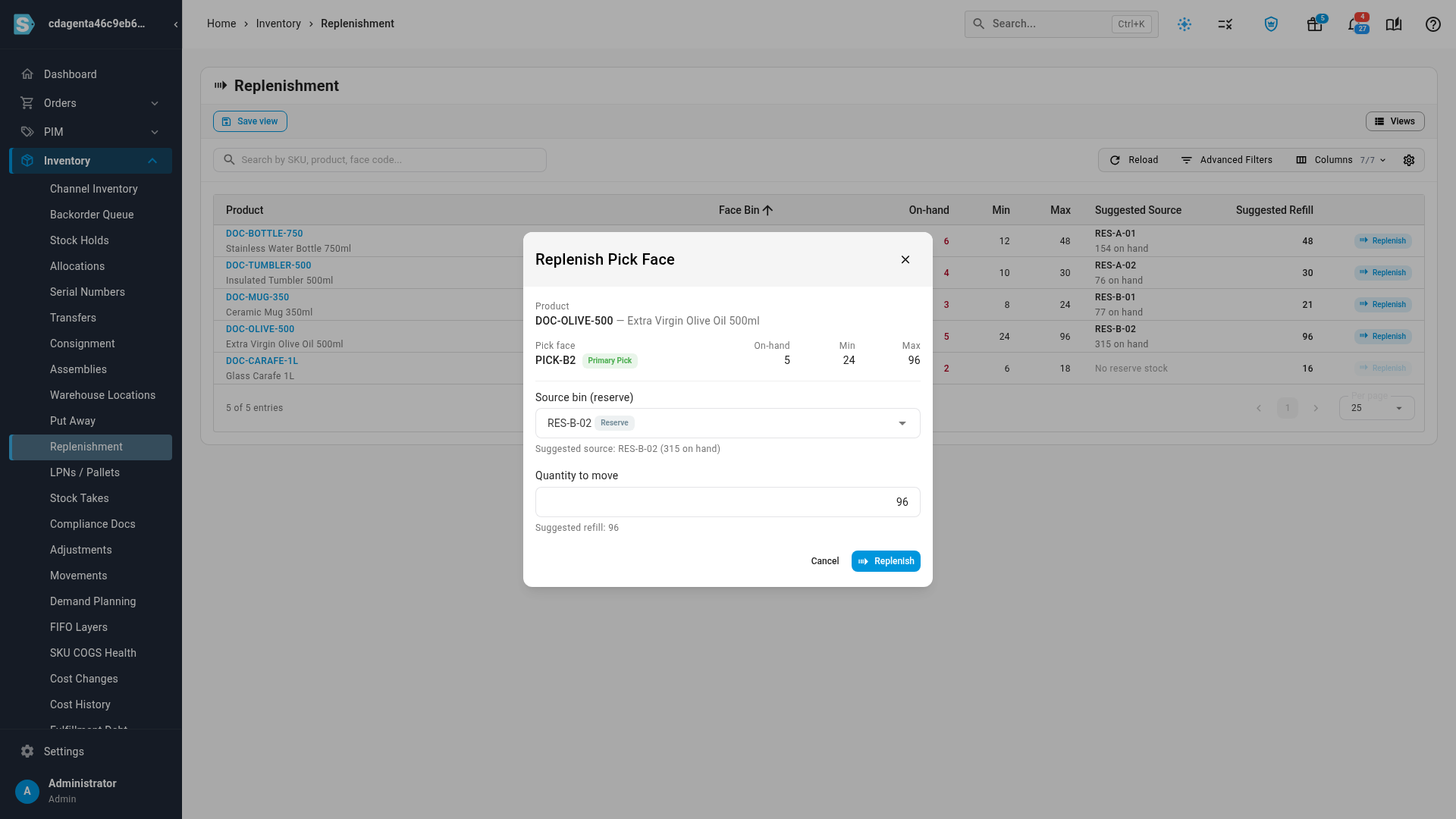 The Replenish Pick Face dialog with its suggested source bin and quantity