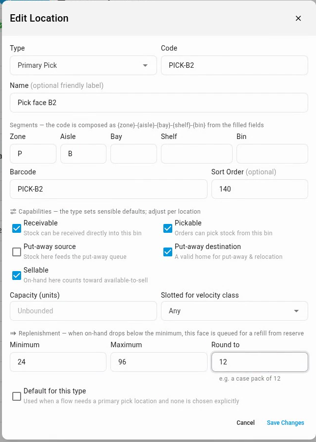 The Replenishment section of the Edit Location dialog with Minimum 24, Maximum 96 and Round to 12