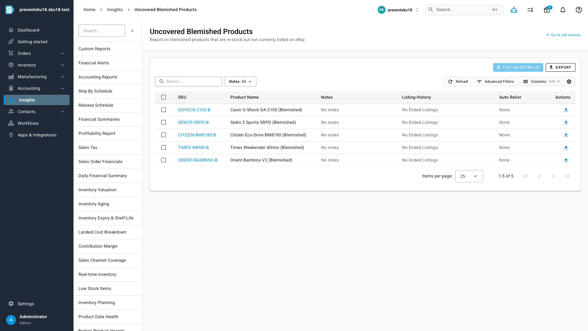 The Uncovered Blemished Products report showing in-stock blemished SKUs with per-row and bulk "List now" actions