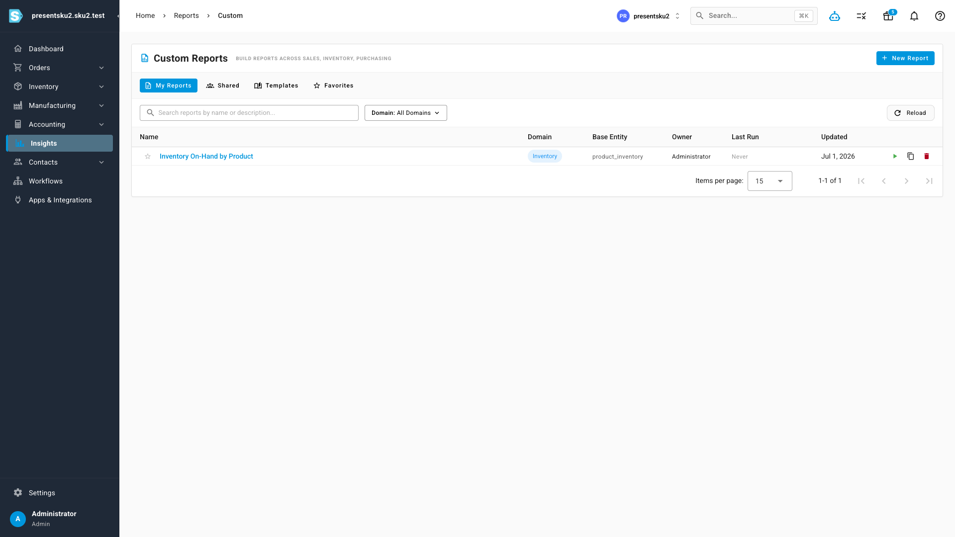 The Custom Reports library listing a saved report with its domain, owner, and last-run details