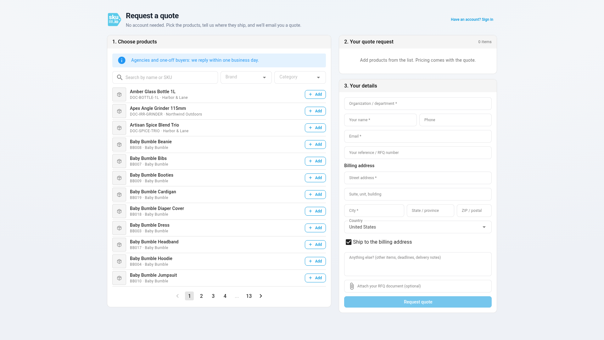 The Request a quote page: the catalog has no prices or stock